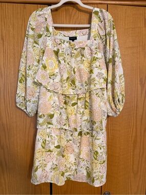 Who What Wear Floral Tiered Mini Dress in Soft Pink and Olive